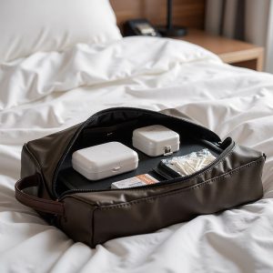 brown leather travel cosmetic bag on linen