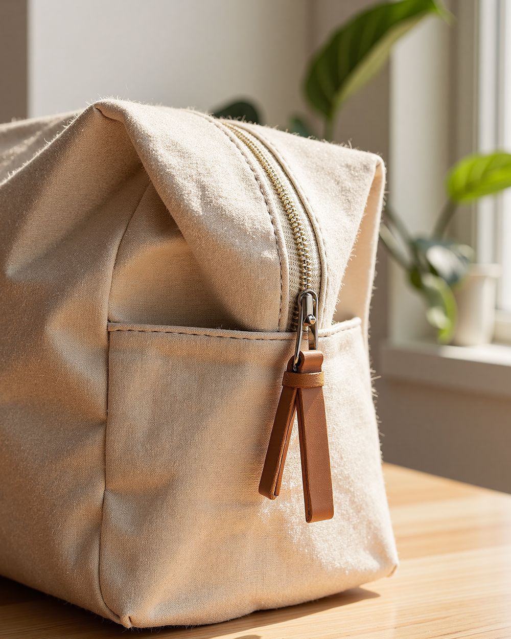 Handmade linen cosmetic pouch on a wooden table