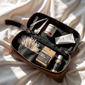Leather cosmetic organiser with two compartments