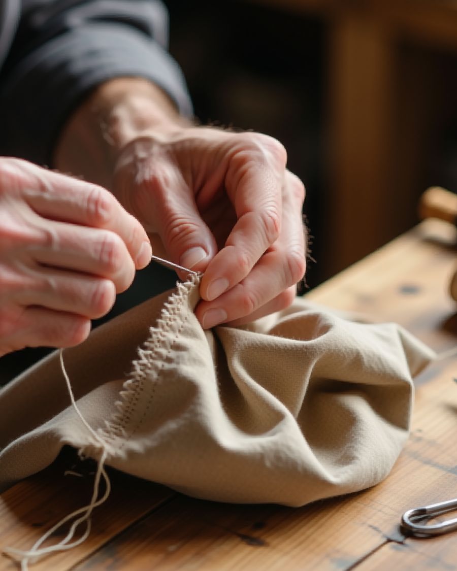 Maker stitching a fabric pouch at the workbench