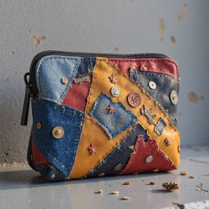 Patchwork cosmetic pouch made from colourful fabric scraps